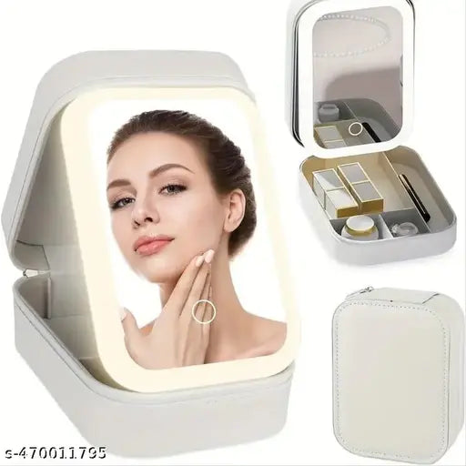 Makeup Storage Box With LED Light Mirror Portable Travel Makeup Cosmetics Storage Box Touch Light Storage Organizer